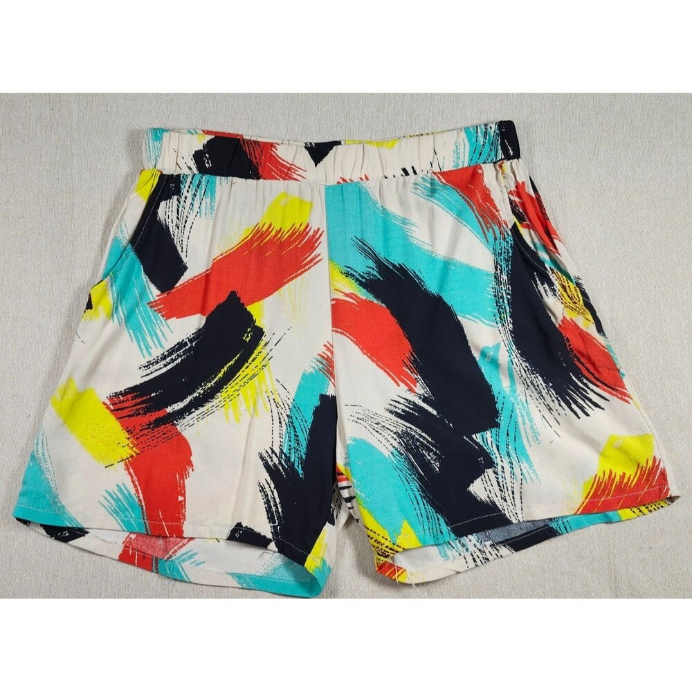 Lily White 80s High Rise Culotte Gaucho Shorts Tan Abstract Paint Pockets Medium